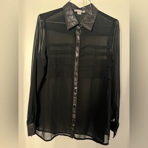 Sheer Black Button-Up Blouse with Snake pattern  Textured trim. Size M